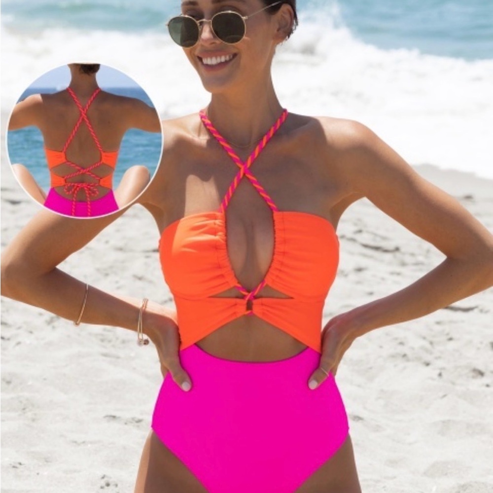 Two-Tone Neon Orange and Hot Pink Cutout One-Piece Swimsuit